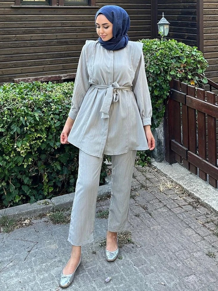 2 Piece Women Muslim Set Spring Autumn Fashion Long Sleeve Shirt Pants Suits Casual Dubai Turkey Abaya Sets Eid Mubarek Outifits