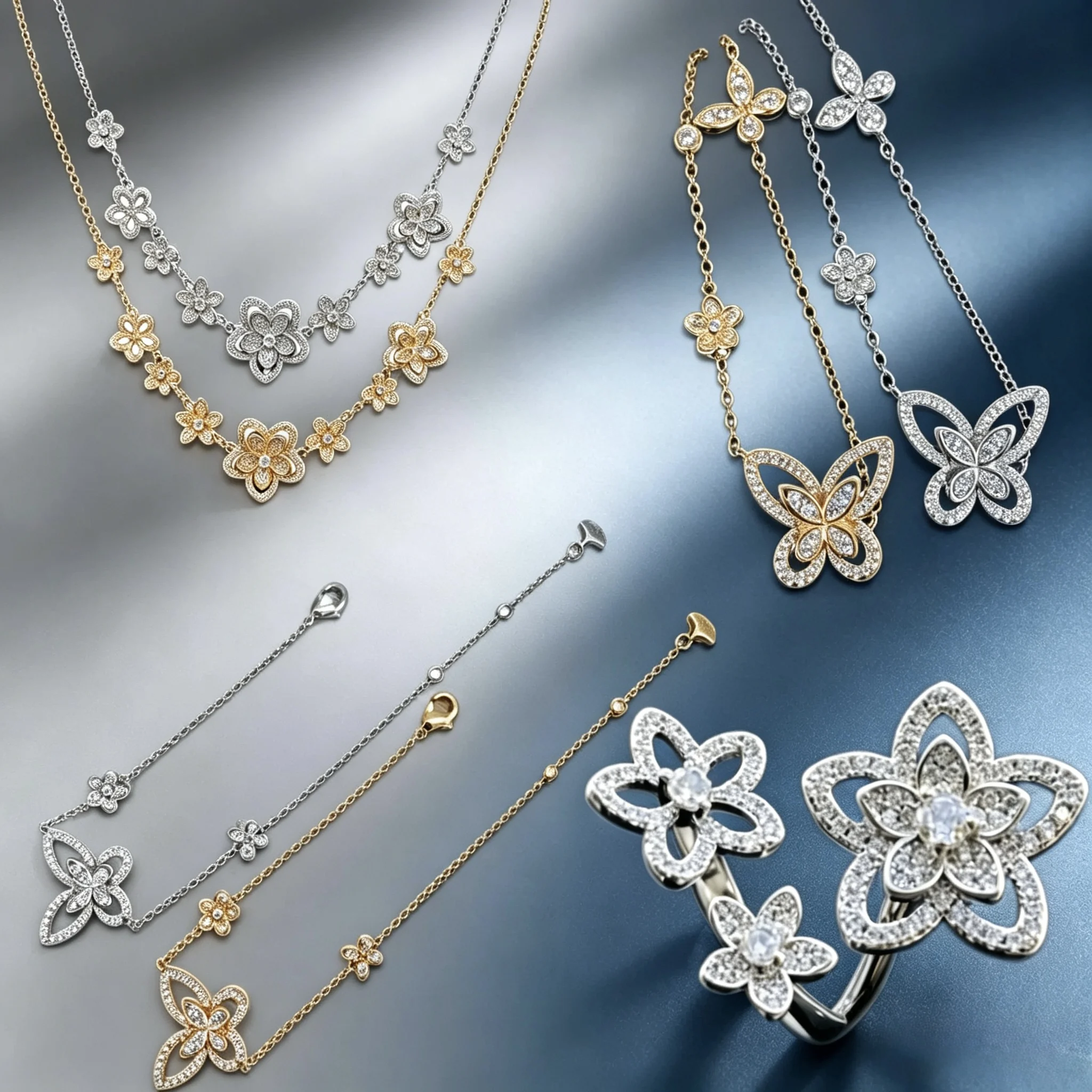 

925 Silver Floral Butterfly Full diamonds Jewelry Women's Necklace Bracelet Ring Plating Rose gold High quality Festival Gifts