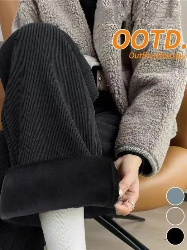 Damskie spodnie z szerokimi nogawkami z aksamitu jagnięcego, ocieplane, z podszewką z polaru, sportowe, proste, bawełniane, z wysokim stanem, długość 7/8, idealne na zimę.