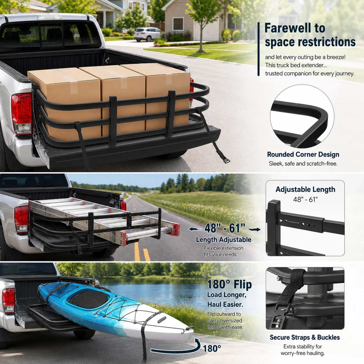 Truck Bed Extender, Adjustable Length Truck Bed Extender, Universal Truck Bed Extender, 48-61 Inches, 180 Degree Flip, Aluminum Tailgate Extension for Pickup Truck, Black, Foldable, Heavy Duty, Cargo Carrier, Portable, Includes Straps