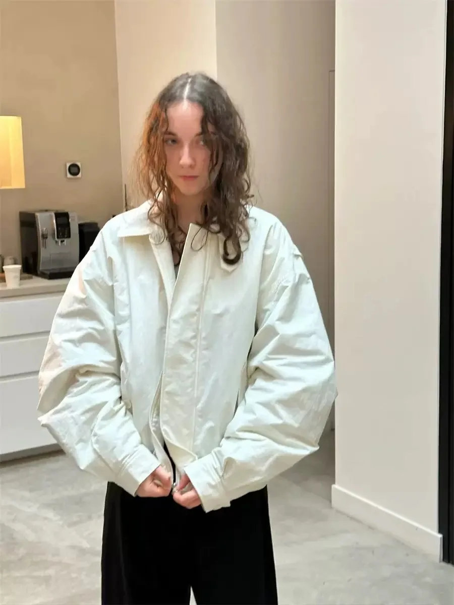 

PREON Casual Cotton Jaet ort Sle Turn-down Collar Loose Fit Autumn Winter Outerwear Simple Design Collar Zipper Cl...