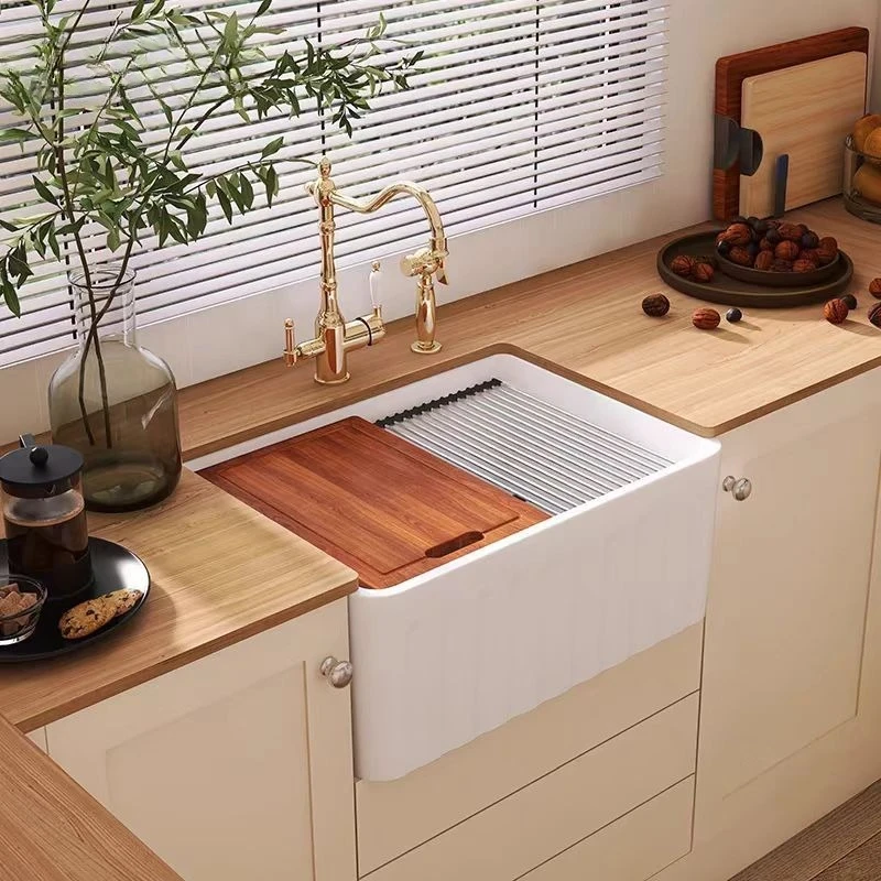 American Kitchen Ceramic Sink Vegetable Basin Retro Semi-embedded Household Large Single Slot Ultra-deep Integrated