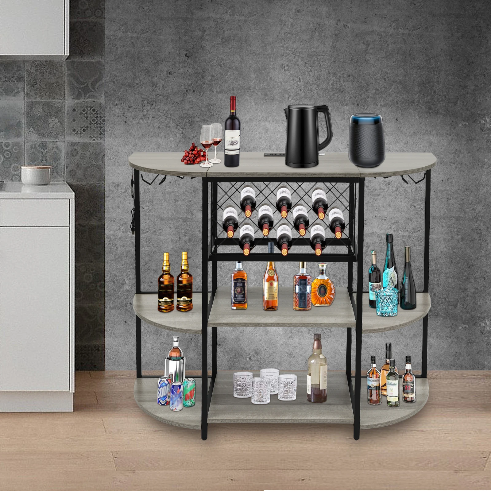 Brown/Gray Wine Rack Table with LED Light Durable Metal Coffee Bar Cabinet Freestanding Floor Table w/ Outlet + LED Light