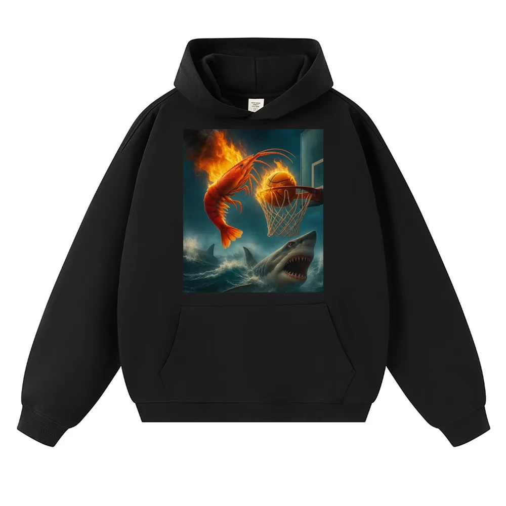 Fiery Shrimp Dunk baloncesto divertido Meme sudaderas con capucha fanáticos de los deportes hombres mujeres Humor manga larga polar sudadera Casual de gran tamaño regalos