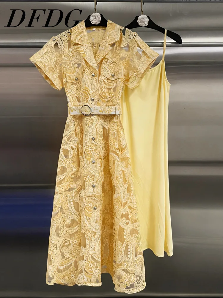 DFDG Abito lungo da donna in pizzo ricamato giallo semplicità 2025 per le vacanze Boho Chic Designer Elegante abito lungo primavera estate