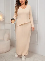 GIBSIE Plus Size Autumn Women Two Piece Set Solid V-neck Long Sleeve Split Tops Elegant Office Ladies Bodycon Maxi Long Skirts