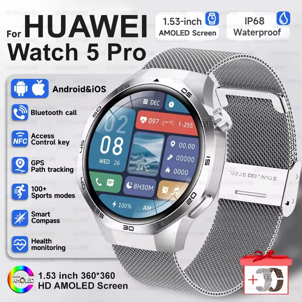 2025 Guhuavm Watch GT5Pro Smart Watch Men HD AMOLED Screen GPS Tracker Bluetooth Call Health Waterproof Smartwatches Heart Rate