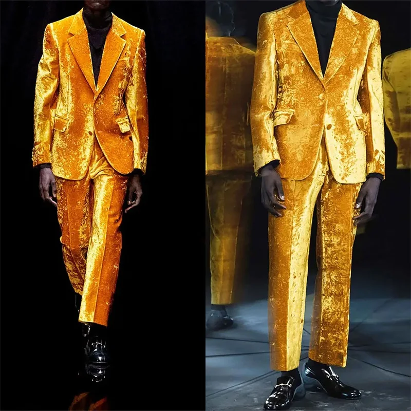 Newest Yellow Velvet Men Suits Set Wedding Jacket Groom Tuxedo 2 Pieces Blazer+Pants Custom Made Prom Dress Male Office Coat