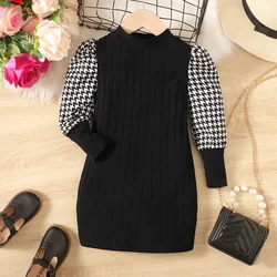 PatPat Toddler Girl Houndstooth Gigot Sleeve Ribbed Dress Full print Basic Style Suitable for Autumn Season Comfortable