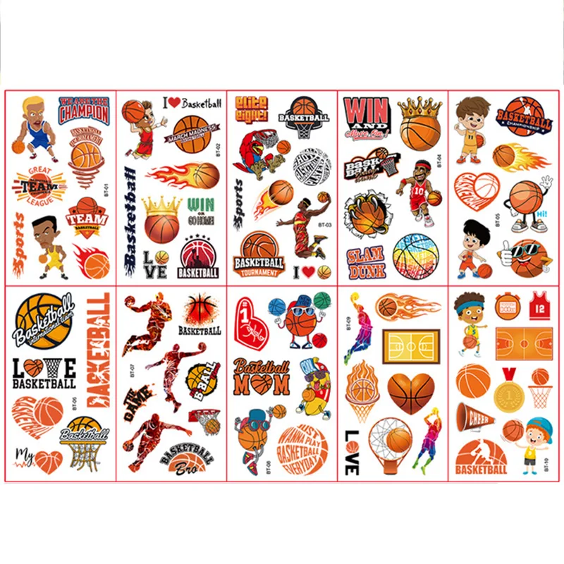 10Sheets Cartoon Basketball Rugby Football Baseball Temporary Tattoo Stickers Baby Shower Kid Body Sticker Tattoos Sport Party