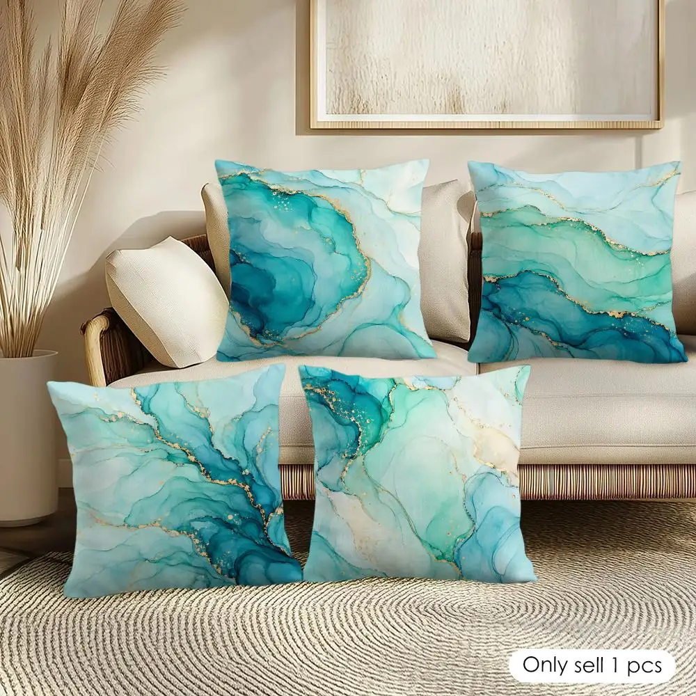 Aqua Gold Alcohol Ink Variants Cushion Cover Soft Short Plush Pillow Cover Smooth Cozy Texture Aesthetic Cushion Case Home Decor