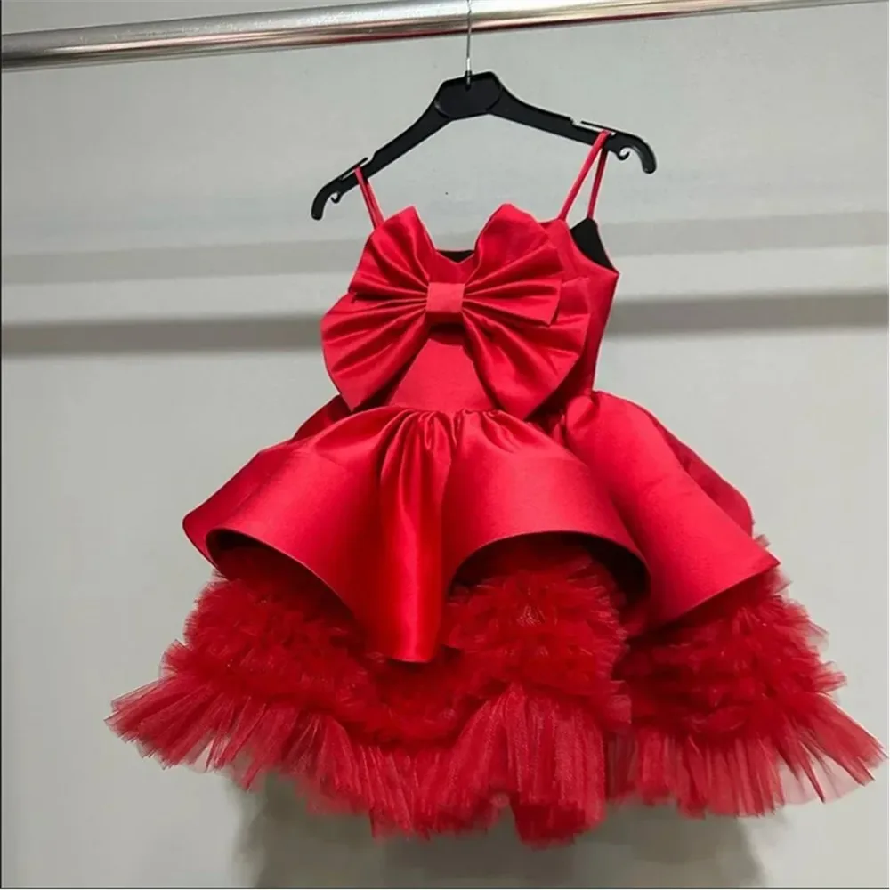 

Elegant Wedding Dress for Flower Girl Ball Gown Sling Fashion Big Bow Walk Costume Children Sleeveless Kid Birthday Party Dress