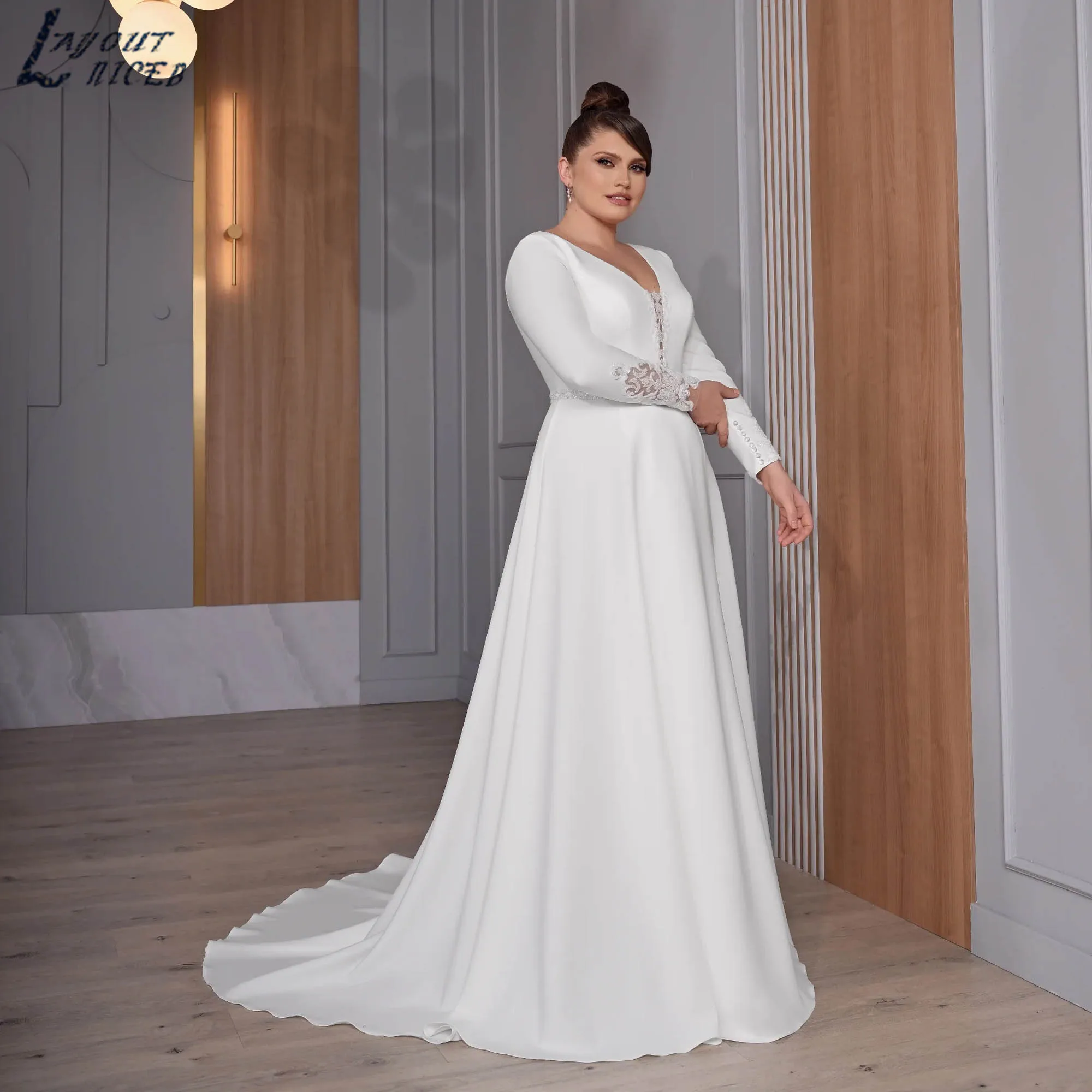 Classic Long Sleeves A-Line Wedding Dress Plus-Size V-neck Satin Appliques Bridal Ball Gown Vintage vestidos de novia Customized