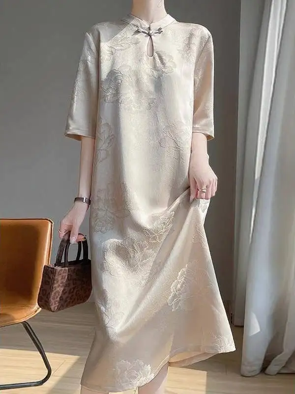 봄 여름 신상 루즈 실크 새틴 롱 드레스 여성용 중국식 스탠드 칼라 오부 소매 꽃 자수 A라인 드레스