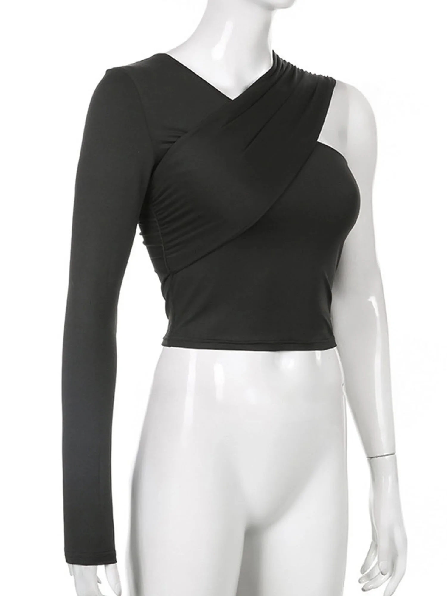 

Women K-pop Street Dance Crop Top Fashion One-shoulder Asymmetric Long Sleeve Cross Ruched Top for Hip-hop Street Dance Gym Yoga