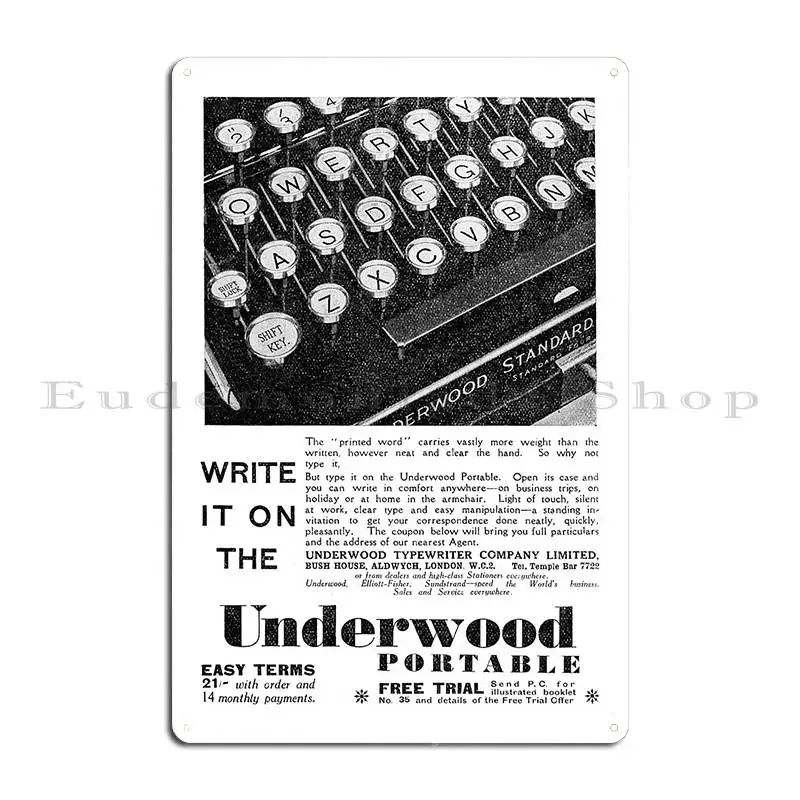 Underwood Typewriter Co Underwood Portable 1931 Vintage Advert Metal Sign Designer Garage Wall Decor Wall Mural Tin Sign Poster