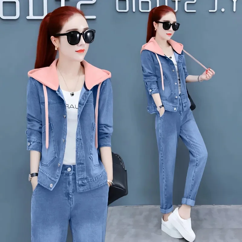 

Single/Set 2023 Npring Autumn New Female Korean Version Foreign Style Fashion Thin Casual Set Jean Jacket+Trousers Two-piece Set