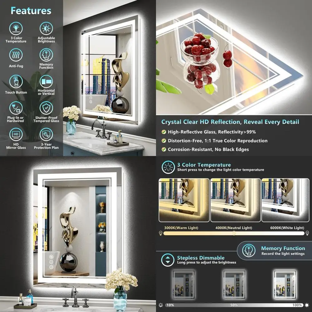 

Светодиодное зеркало 24x32 дюйма с регулируемой яркостью и подсветкой, противотуманное, 3-цветная подсветка, функция памяти для туалетного столика в ванной комнате