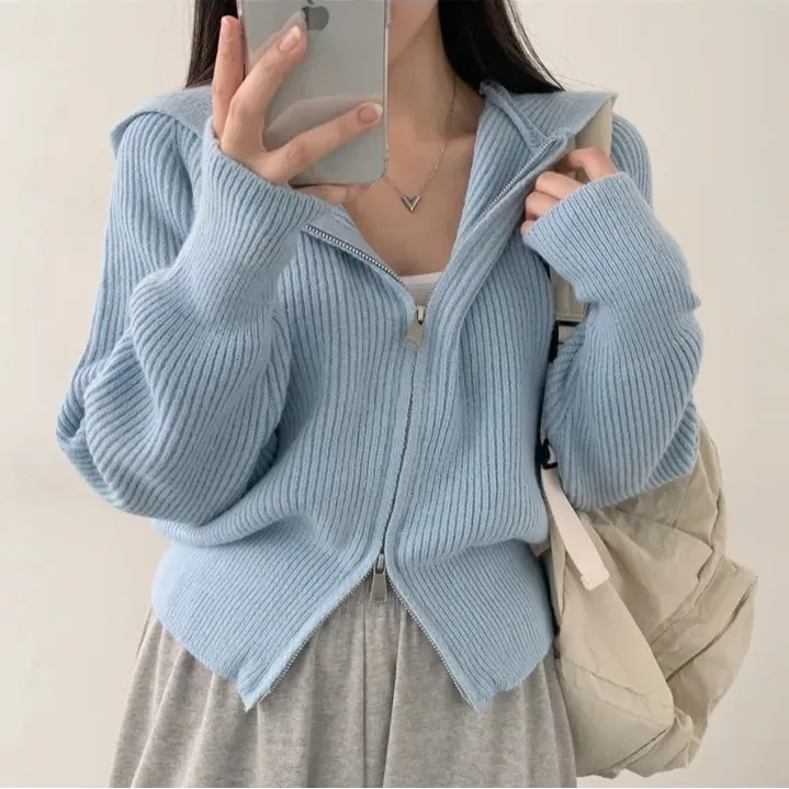 Chic Lazy Sle Hooded Thiened Knitted Open Cardigan Zipper Design Collar Sweater for Women Autumn Winter New Arrival