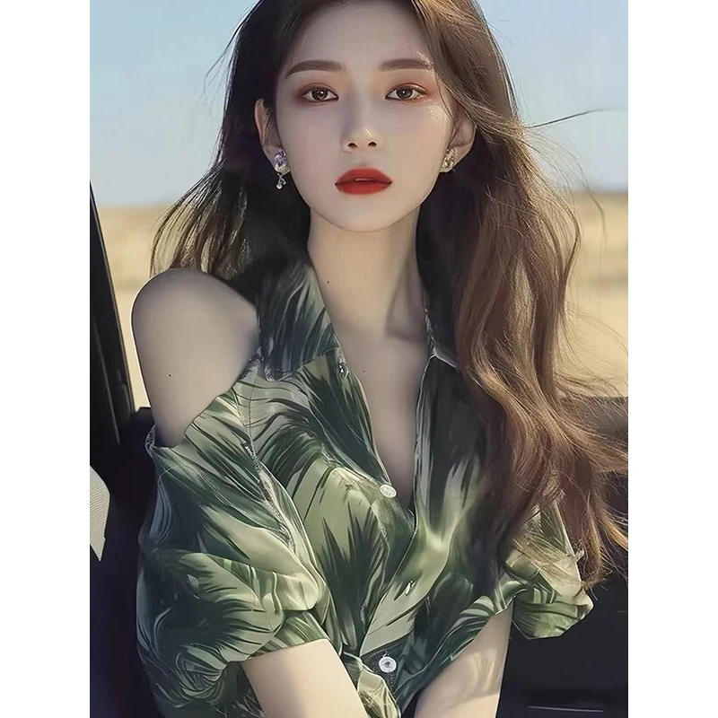

Fashion Lapel Button Korean Printed Off Shoulder Shirts Female Clothing 2025 Summer New Loose Chic Tops Sweet Chiffon Blouses