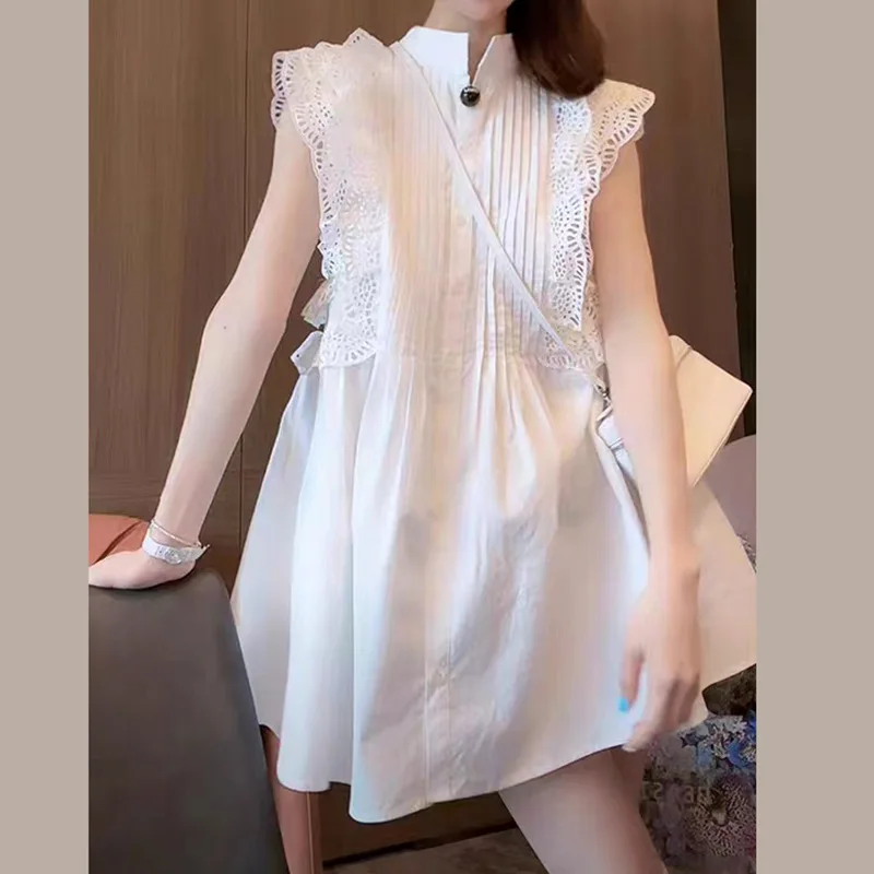 

Women's Short Dresses Striped Hollow Out Stand Collar Single Breasted 2024 Summer Ladies Sweet Sleeveless A-line Mini Robe