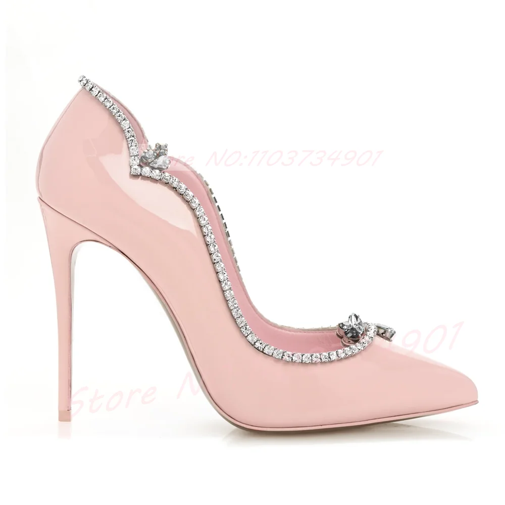 Wave Cut Shape Women Crystals Stiletto Pumps Pink Glossy Pointed Toe Pumps Slip On 10cm High Heel Shoes Sexy Elegant