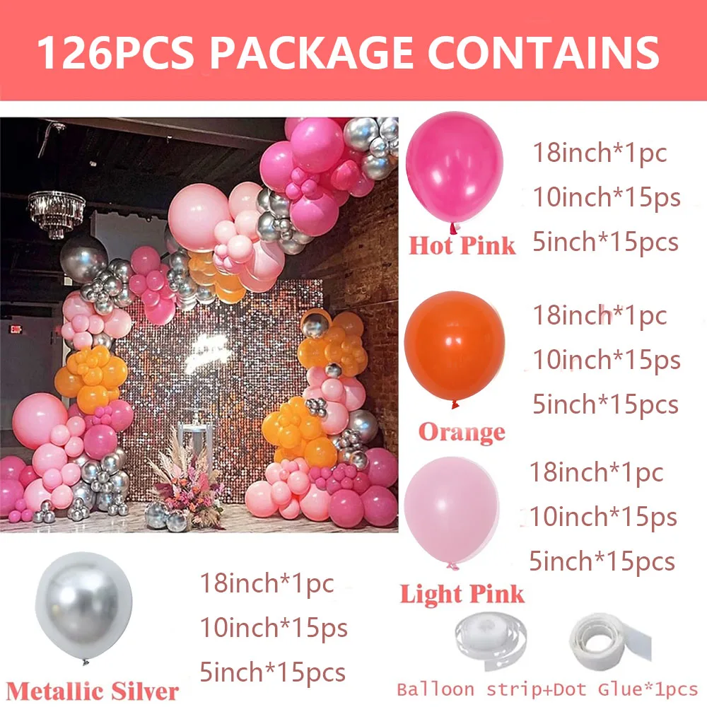 126pcs Hot Pink Orange Metallic Silver Balloon Garland Arch Kit for Summer Wedding Birthday Party Decorations Baby Shower Supply