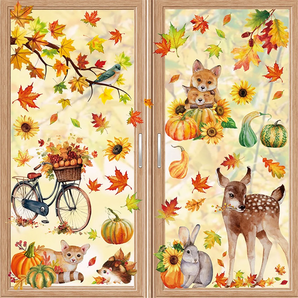 Fall Window Cling Sticker, Thanksgiving Autumn Harvest Animal Pumpkin Leaves for Party Supplies Window Glass Decoration image 5