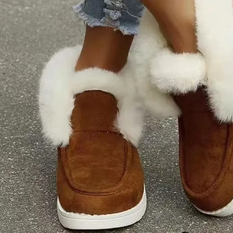 New 2024 Ladies Slip on Comfortable Ankle Boots Women Winter Warm Plush Fur Snow Boots Suede Shoes Female Footwear Femininas