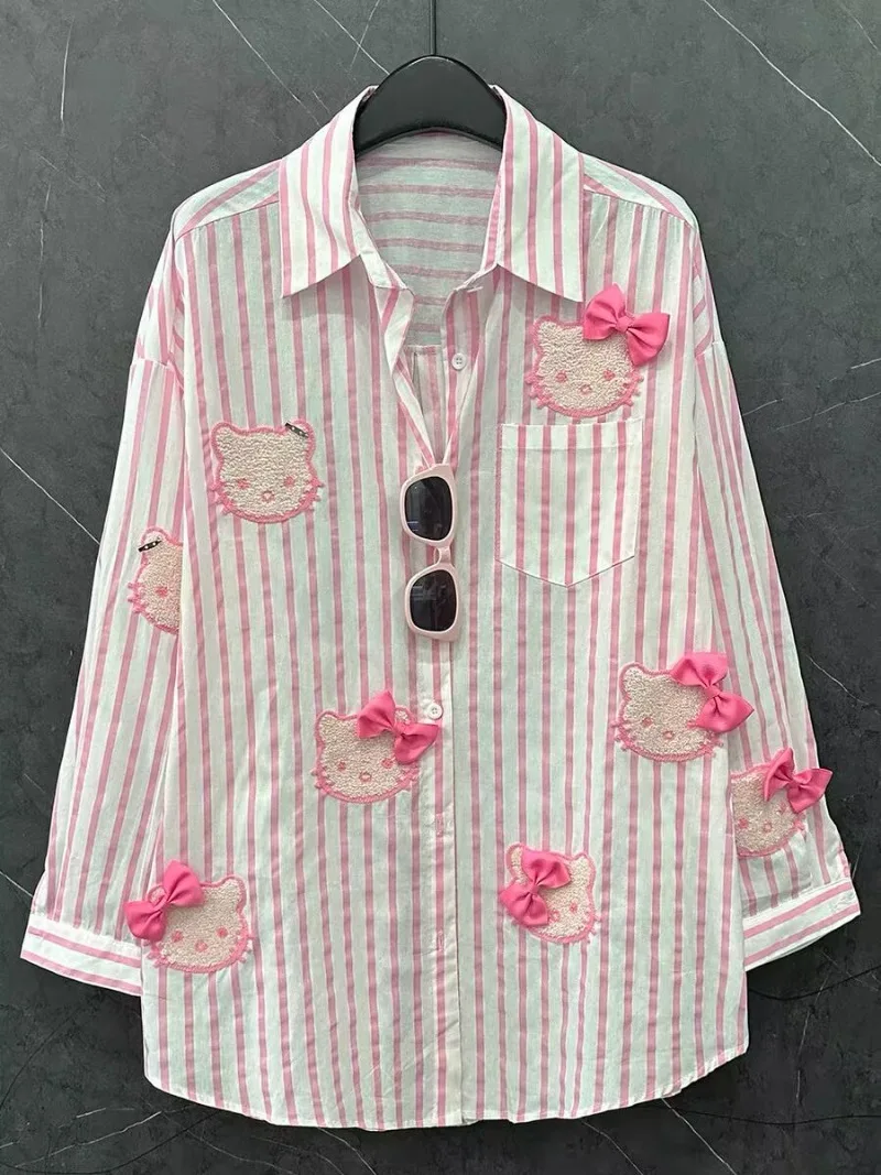 

Весна-лето, новые милые и возрастные рубашки Hello Kitty в розовую полоску с длинными рукавами, женская свободная одежда средней длины Kawaii