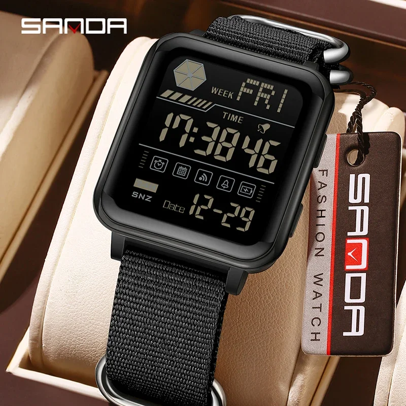 SANDA Youth Sports Electronic Watch for Men and Women 5ATM Waterproof Multi Functional Ultra Thin Couple Watch Nylon Strap 6159