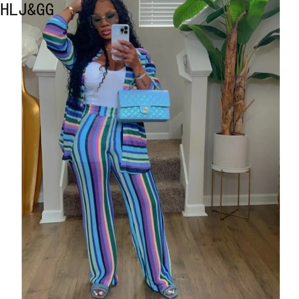 

HLJ&GG Elegant Lady Stripe Print Wide Leg Pants Two Piece Sets Women Turndown Collar Button Shirts+Pants Outfits Female Clothing