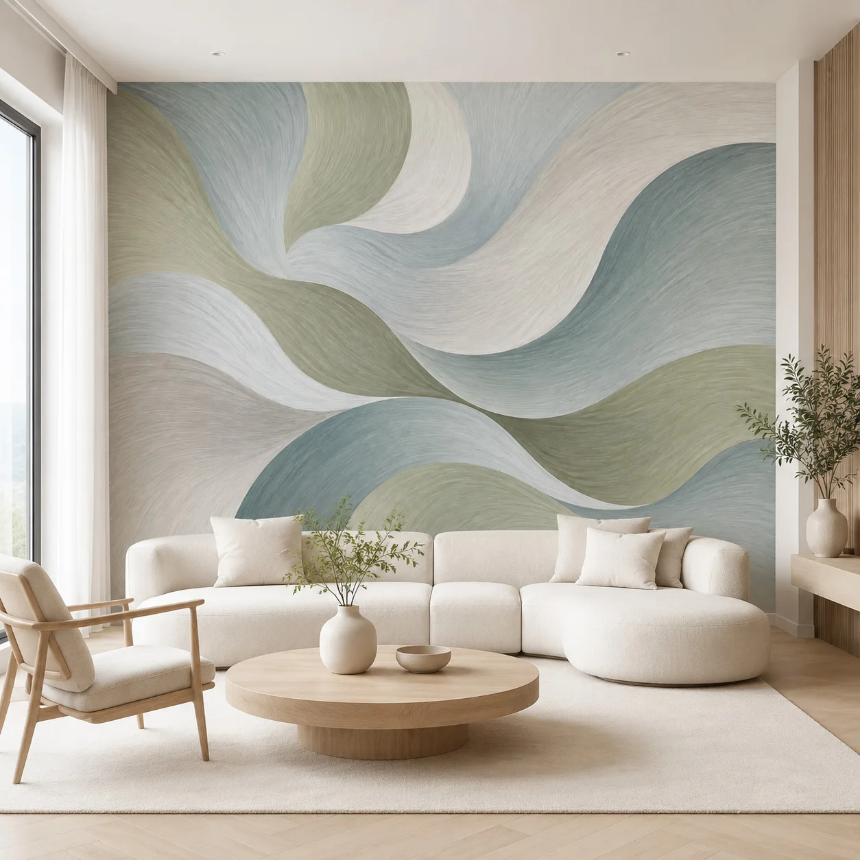 Abstract Wave Wallpaper Mural Sage Green Beige Modern Minimalist Wall Decor for Living Room Bedroom Non-Self-Adhesive