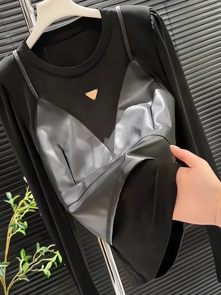 

Корейский элегантный топ-комбинация из двух частей, имитация двухслойного дизайна, женский, больших размеров, универсальный, стройнящий, осенний, новая модная коллекция для женщин...