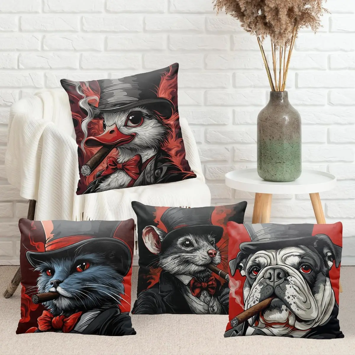 4PCS Funny Animal Pillow Case, Dog Cat Cigar Cushion Cover, Cool Pet Portrait Print, Vintage Gentleman Style, Sofa Throw Pillow
