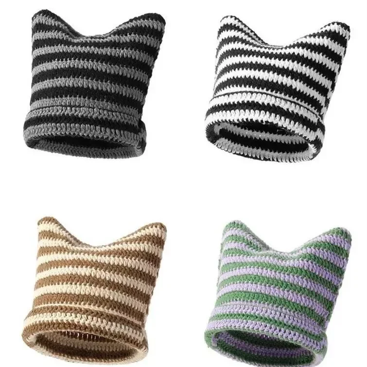 Nowa japońska odzież uliczna Harajuku, czapka beanie, mały diabełek, czapka dziergana w paski, damska, dziewczęca, jesienno-zimowa, urocza czapka z kocimi uszkami.