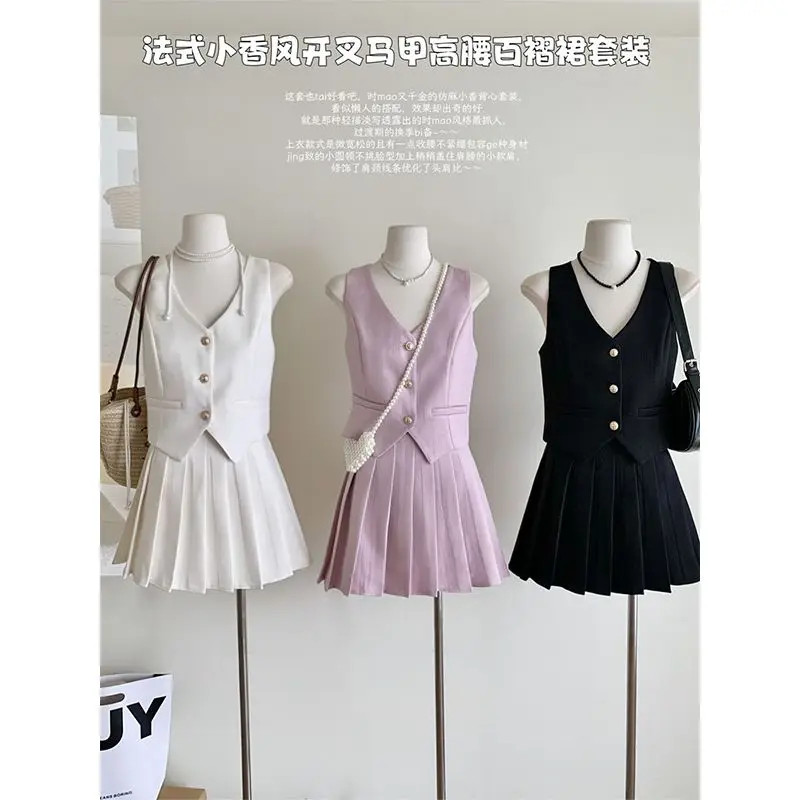 

Sweet Temperament Two-piece Set Suit Women Summer Simplicity Office Lady Tank Top Fashion Solid Color All-match Pleated Skirt