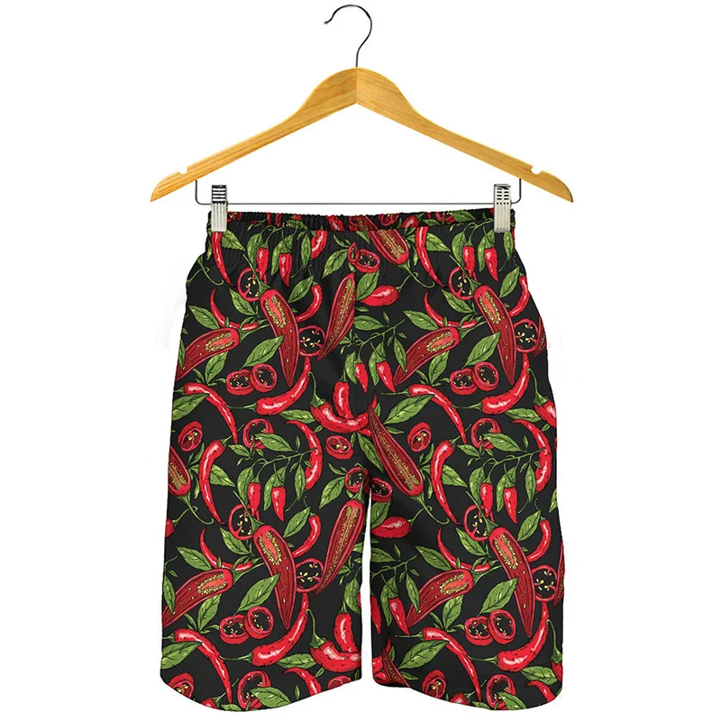 Calça curta masculina com pimenta colorida padrão, shorts de praia soltos, calção de pranchas estampado em 3D, calção de natação, moda verão