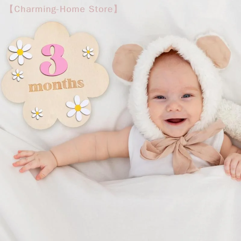【M】Wooden Baby Monthly Milestone Cards Flowers Double Sides Number Month Girls Boys Newborn Photography Props Accessories view 4
