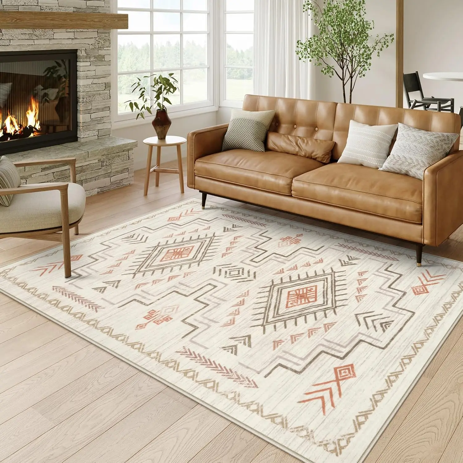 Beige Western and Aztec Tribal Boys Neutral Rug for Living Room, Soft Non-Slip Stain Resistant Large Carpet for Bedroom Dining