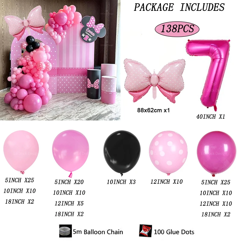 138-teiliges Cartoon Mini-Ballon-Girlanden-Set Rosa Schleifenballons Rosenrote Zahlen Mädchen Geburtstagsparty Deko Baby-Shower Geschenke Zubehör – Detail 8