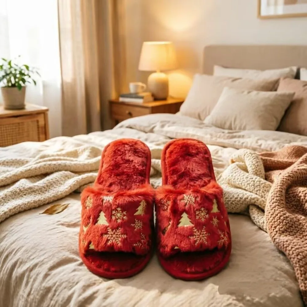 Open-Toe Christmas Tree Slippers Snowflake Embroidered Xmas Tree Furry Slippers Non Slip Plus Velvet Women Home Slippers