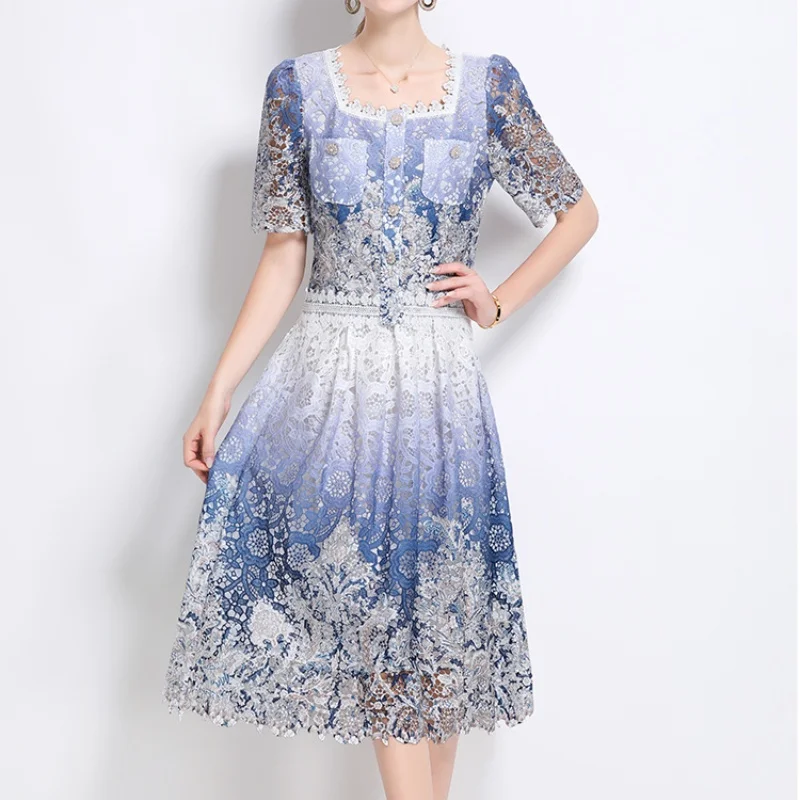 

Fashion Crochet Lace Embroidery Print 2 Pieces Sets Women Chic Hollow Out Shirt Top+Long Skirt Suits Summer Femlae Suits