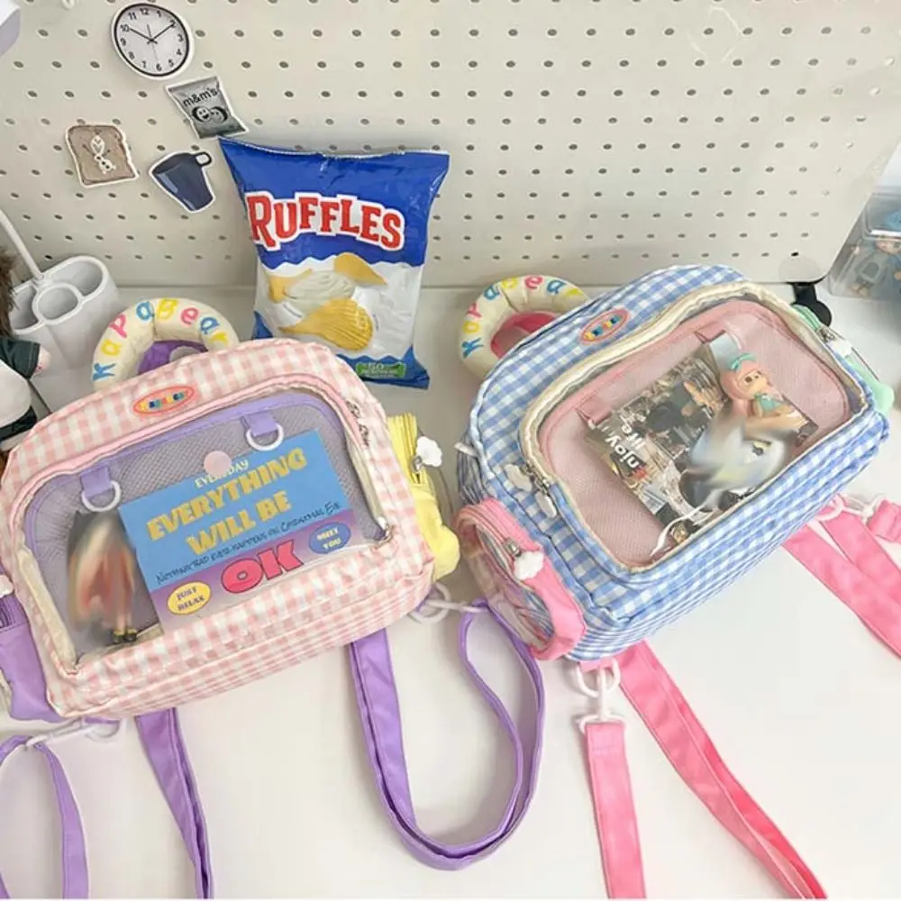 Zipper Bag Blue Plaid Itabag Dual Purpose Korean Style Transparent Pocket PU Idol Merchandise Storage Fashion Backpacks Children