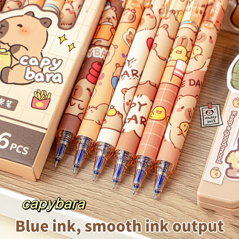 New 6Pcs Kawaii Capybara Gel Pen Set Black Blue Ink Quickly-Drying Press Gel Pens Aesthetic Stationery School Office Supplies