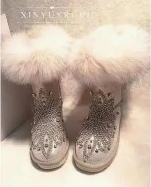 Winter Girls Light Gold Color Bling Crystal Rhinestone Round Toe Big Fox Fur Warming Flat Mid-calf Snow Boots Women Cotton Shoes