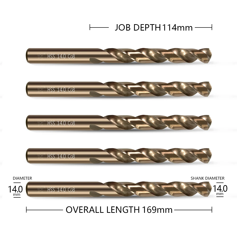 HUAZHICHUN 5PCS Size 14mm M42 8% Cobalt,Drill bit Set for Metal