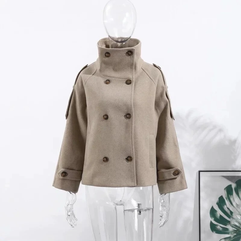 

New Street Women Stand Collar Woolen Coats Chic Double Breasted Full Sleeve Jacket 2025 Autumn Winter Lady Commute Outwear