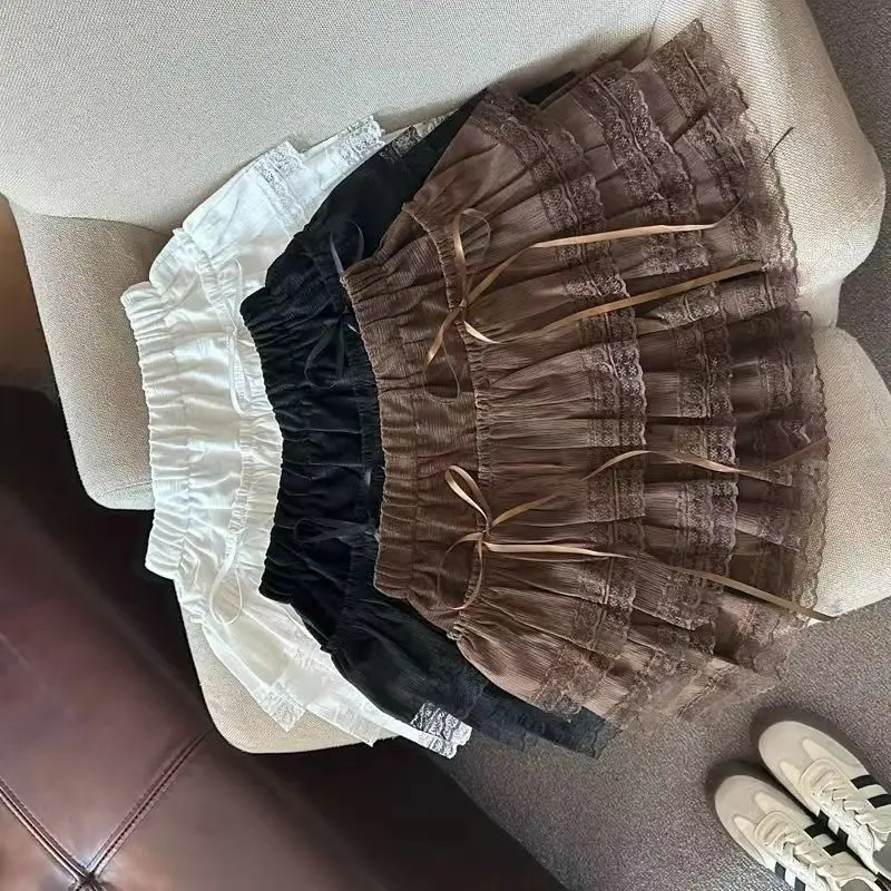 

High Waisted Elastic Lace Patchwork Fluffy A-line Skirt Bow Cake Ribbon Velvet Skirt Black Юбка Vintage Юбки Faldas Mujer