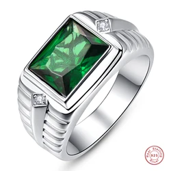 925 Sterling Silver Men's Rings High Quality Emerald White Cubic Zirconia Wedding Ring Square Green Zircon Men's Ring